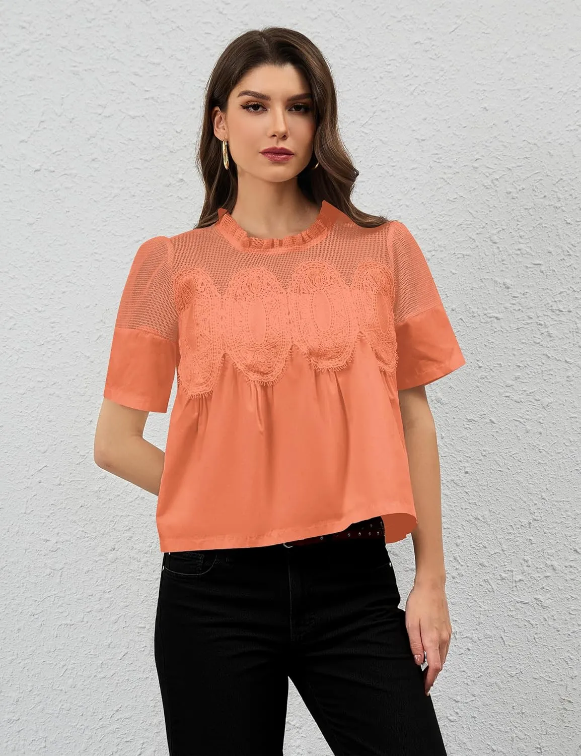 MISSACTIVER Women Lace Trim Short Sleeve Blouse Swing Crew Neck Ruffle Hem Mesh Shirts Summer Loose Poplin Babydoll Tops