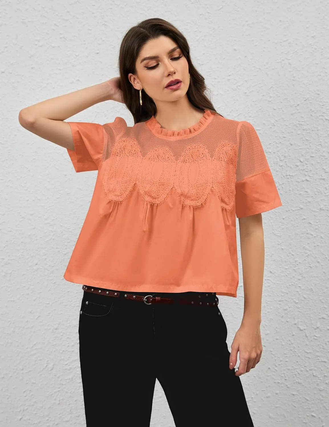 MISSACTIVER Women Lace Trim Short Sleeve Blouse Swing Crew Neck Ruffle Hem Mesh Shirts Summer Loose Poplin Babydoll Tops