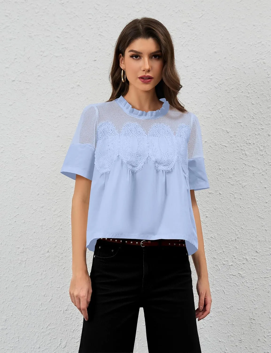 MISSACTIVER Women Lace Trim Short Sleeve Blouse Swing Crew Neck Ruffle Hem Mesh Shirts Summer Loose Poplin Babydoll Tops