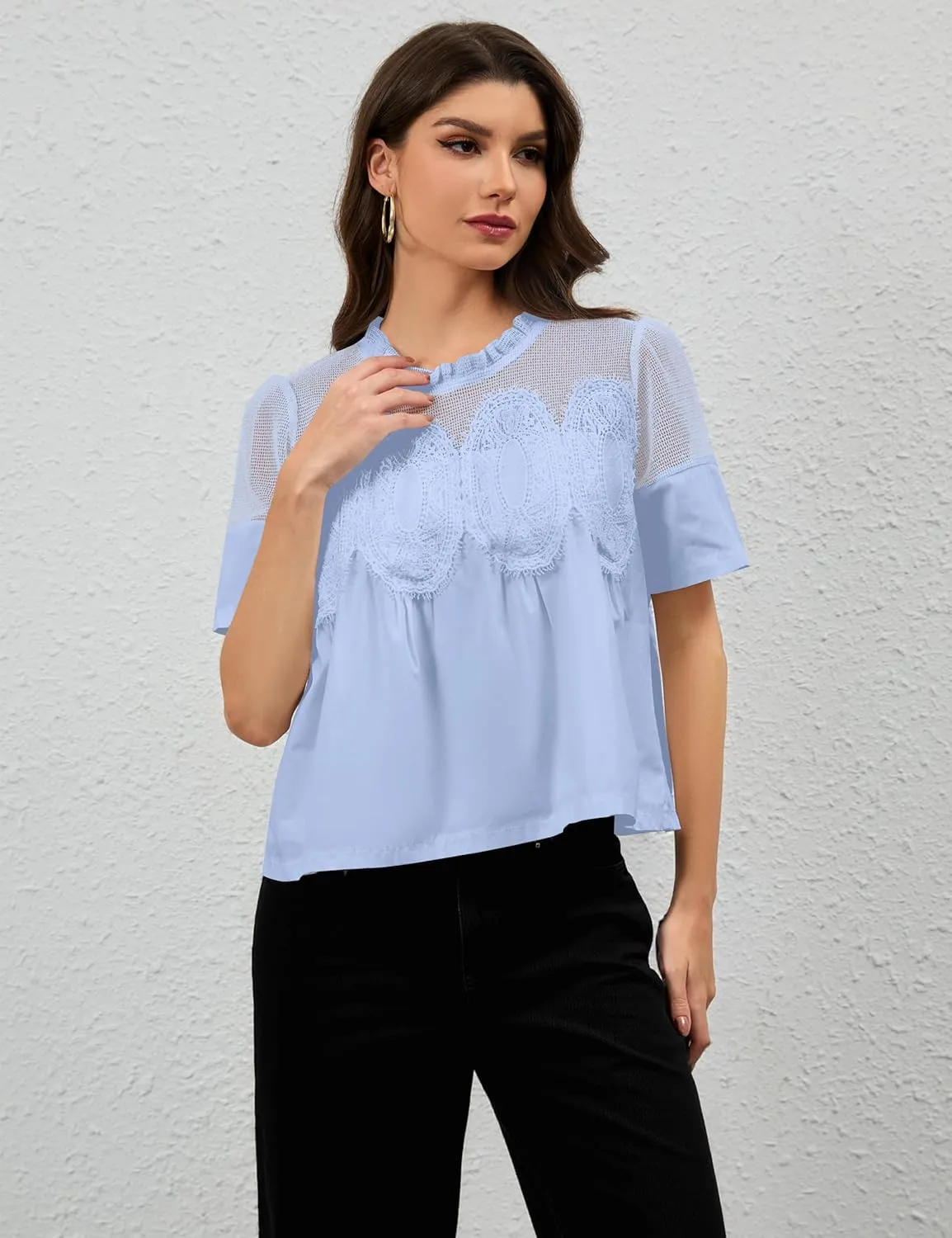 MISSACTIVER Women Lace Trim Short Sleeve Blouse Swing Crew Neck Ruffle Hem Mesh Shirts Summer Loose Poplin Babydoll Tops