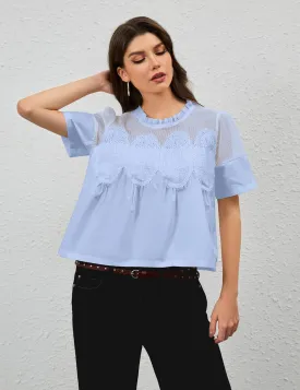 MISSACTIVER Women Lace Trim Short Sleeve Blouse Swing Crew Neck Ruffle Hem Mesh Shirts Summer Loose Poplin Babydoll Tops