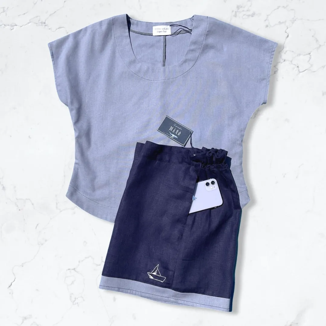 Navy Linen High Waisted Shorts with Hand Embroidered Sailboat Detail