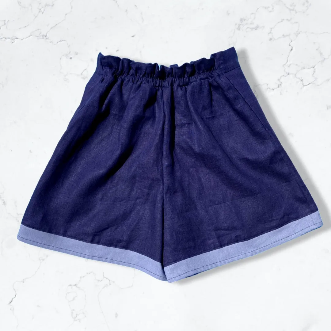 Navy Linen High Waisted Shorts with Hand Embroidered Sailboat Detail