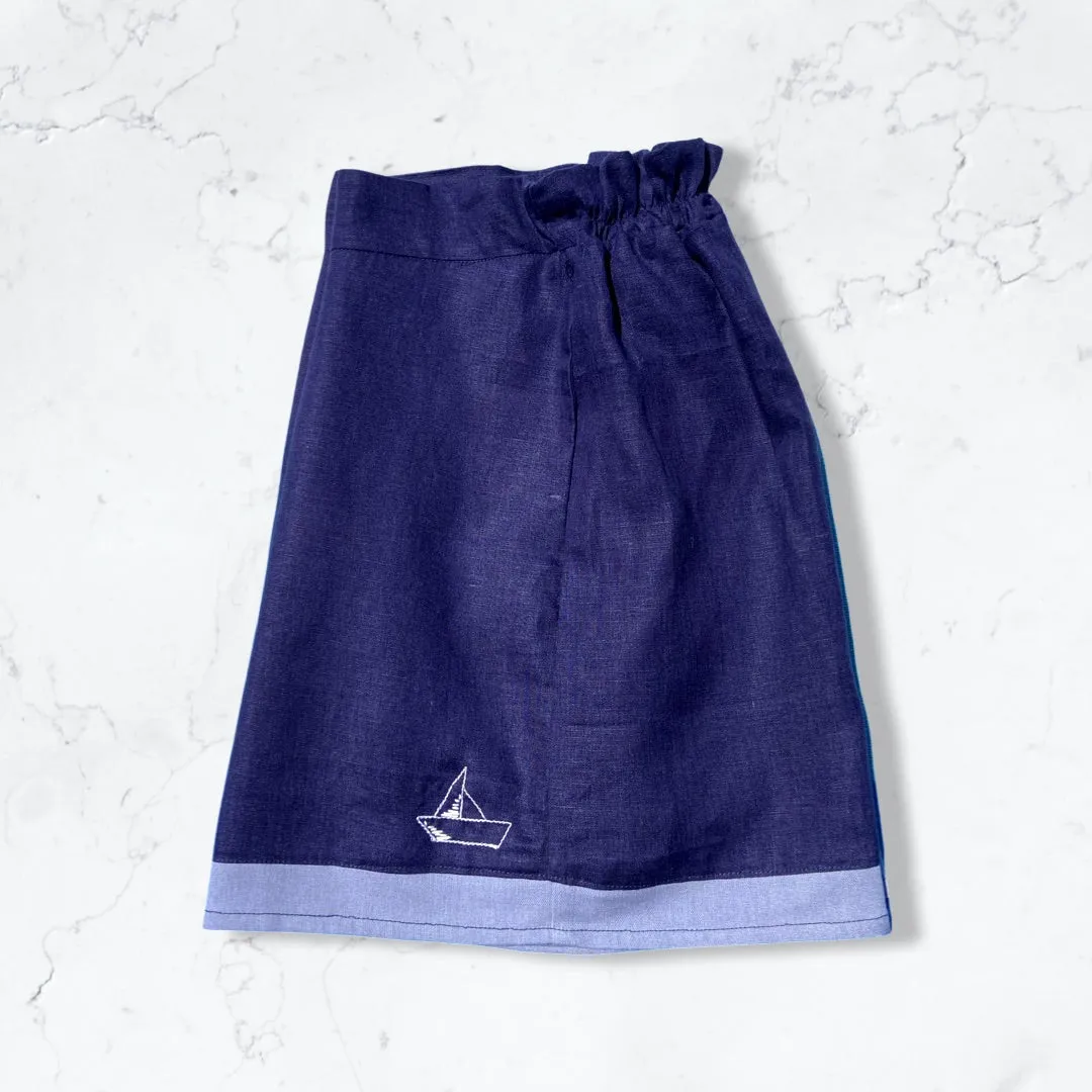 Navy Linen High Waisted Shorts with Hand Embroidered Sailboat Detail