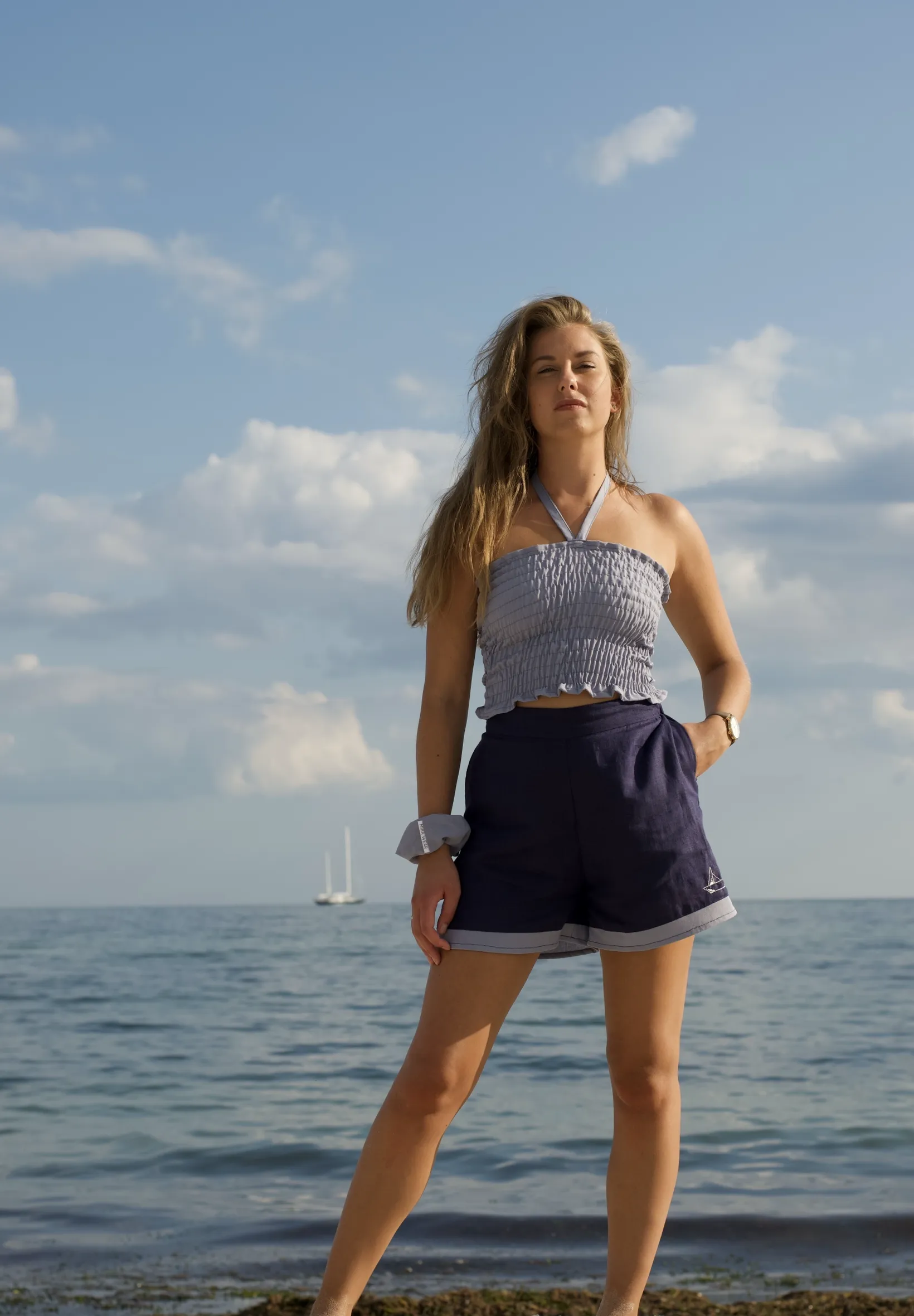 Navy Linen High Waisted Shorts with Hand Embroidered Sailboat Detail