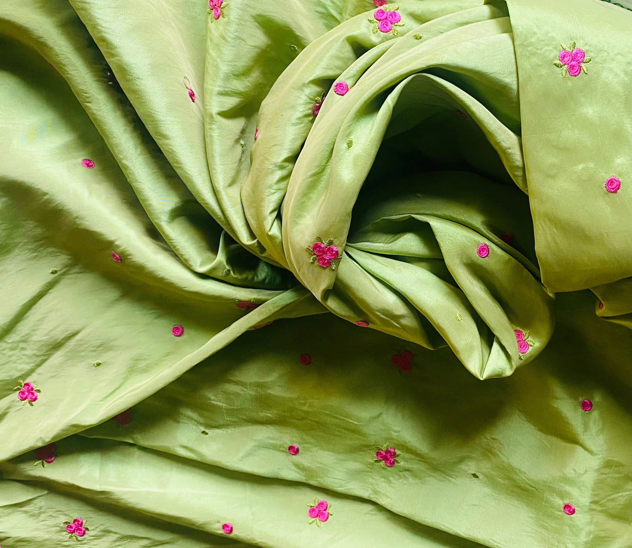 NEW Duchess Penny Lime Green Iridescence Faux Silk Embroidered Pink Floral Fabric