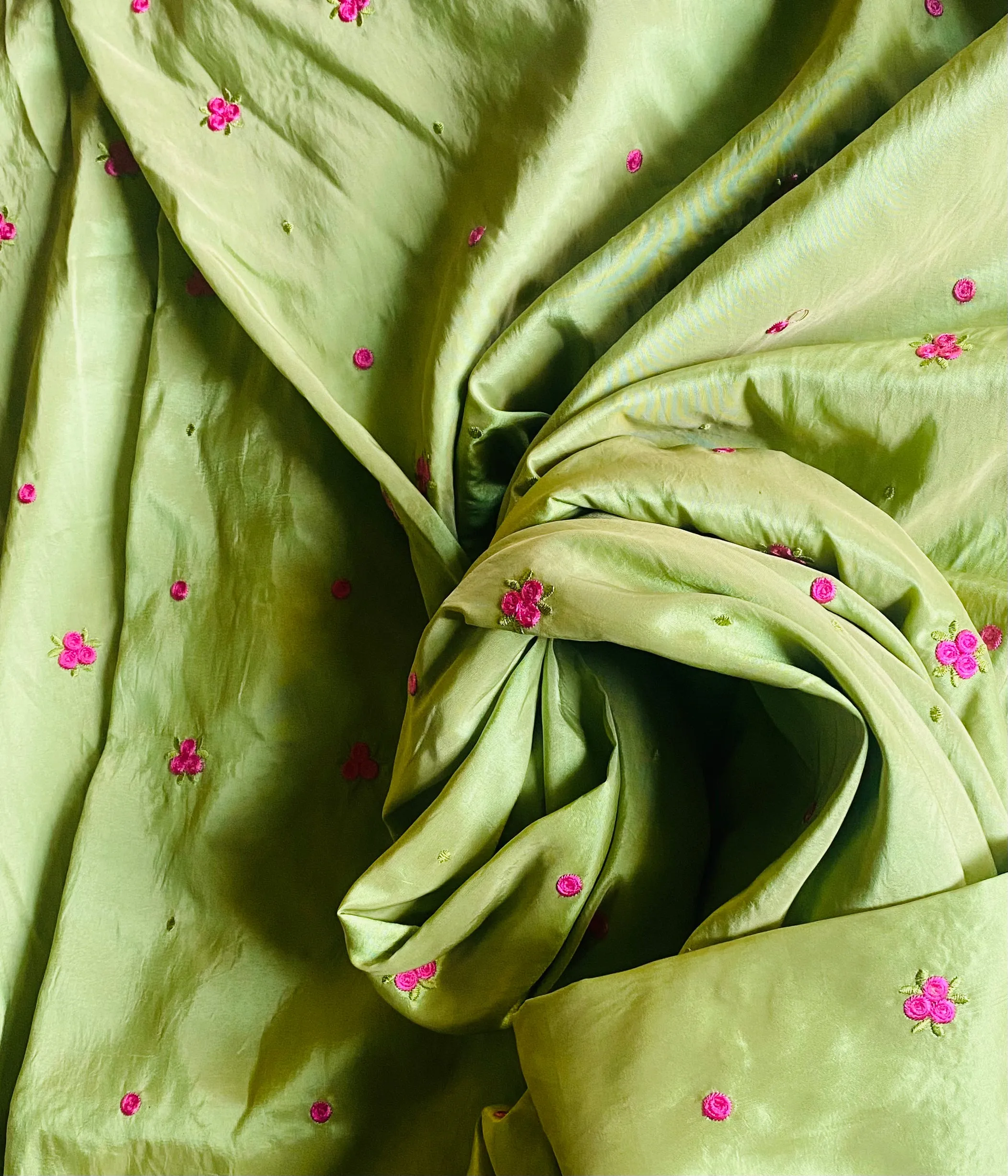 NEW Duchess Penny Lime Green Iridescence Faux Silk Embroidered Pink Floral Fabric