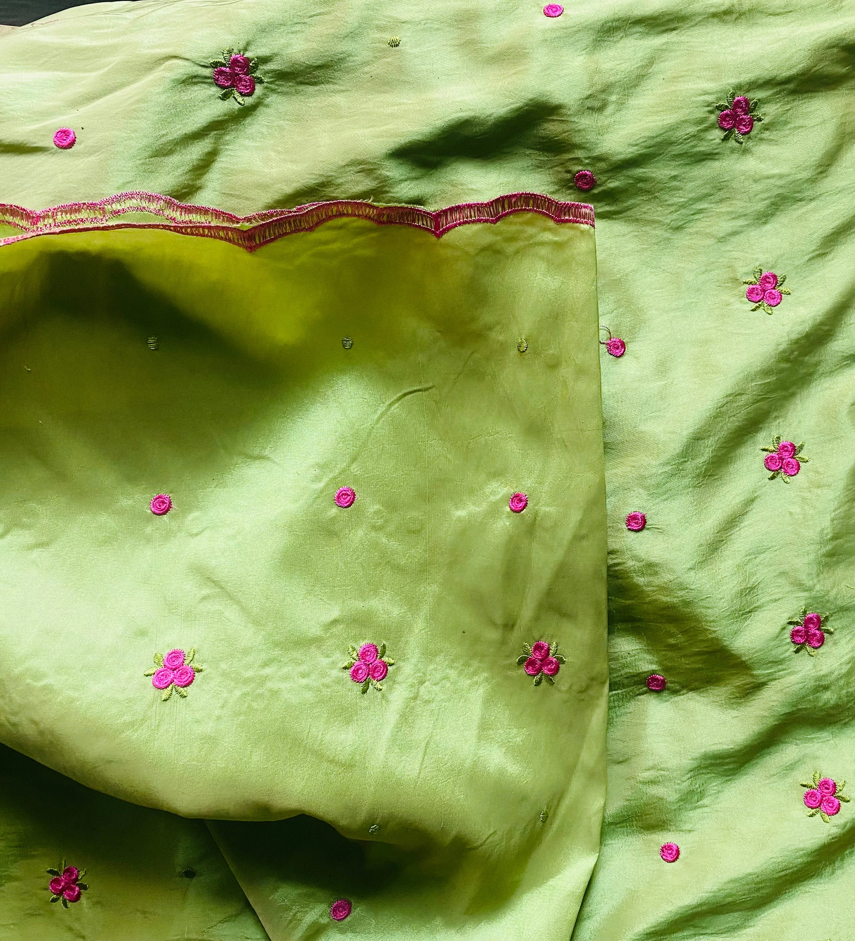 NEW Duchess Penny Lime Green Iridescence Faux Silk Embroidered Pink Floral Fabric