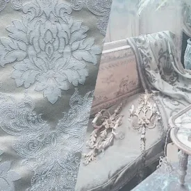NEW Princess Gemma Designer Brocade Satin Fabric- Ice Blue on Grey- Upholstery Medallion