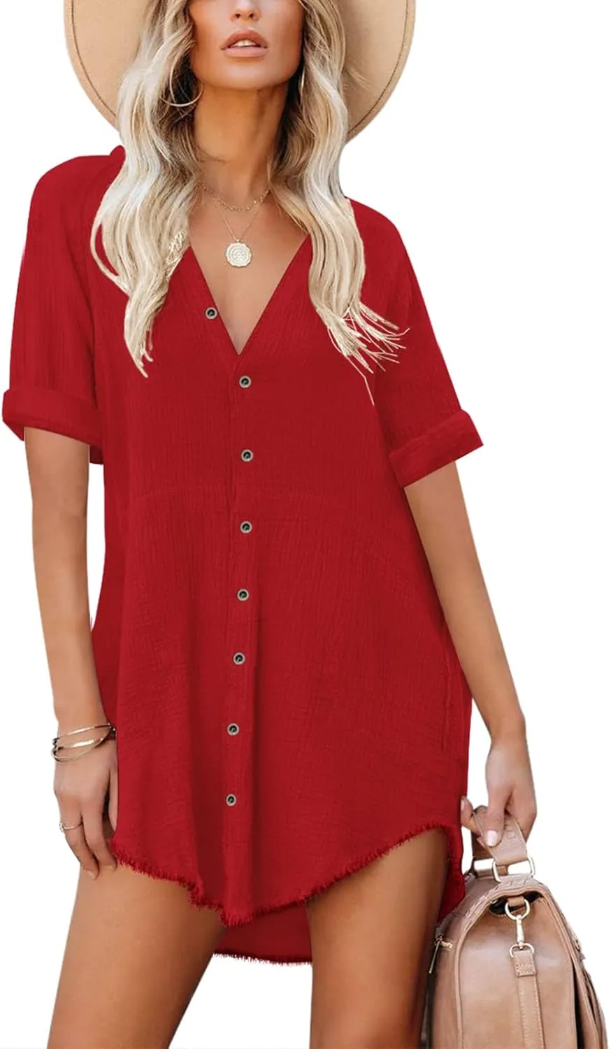 Paintcolors Women's Cotton Button Down Shirt Short Sleeve Dresses Tunics Oversized Beach Cover up Blouse Tops with Pockets