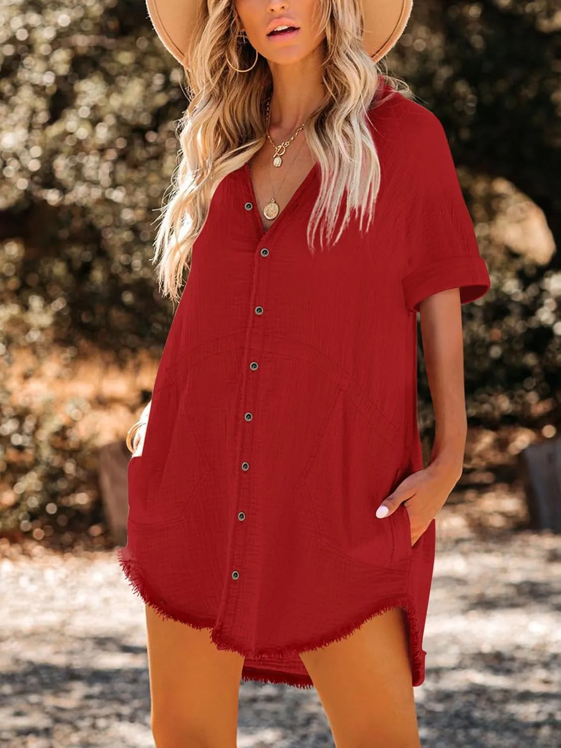 Paintcolors Women's Cotton Button Down Shirt Short Sleeve Dresses Tunics Oversized Beach Cover up Blouse Tops with Pockets