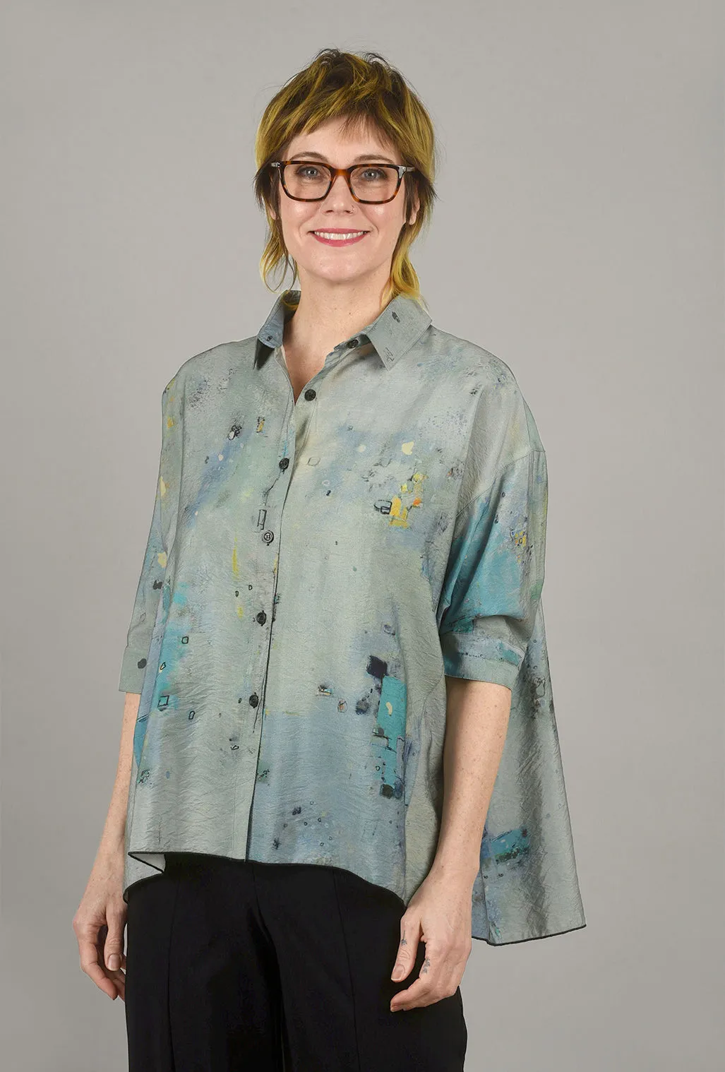 Pleat-Back Boxy Shirt, Blue