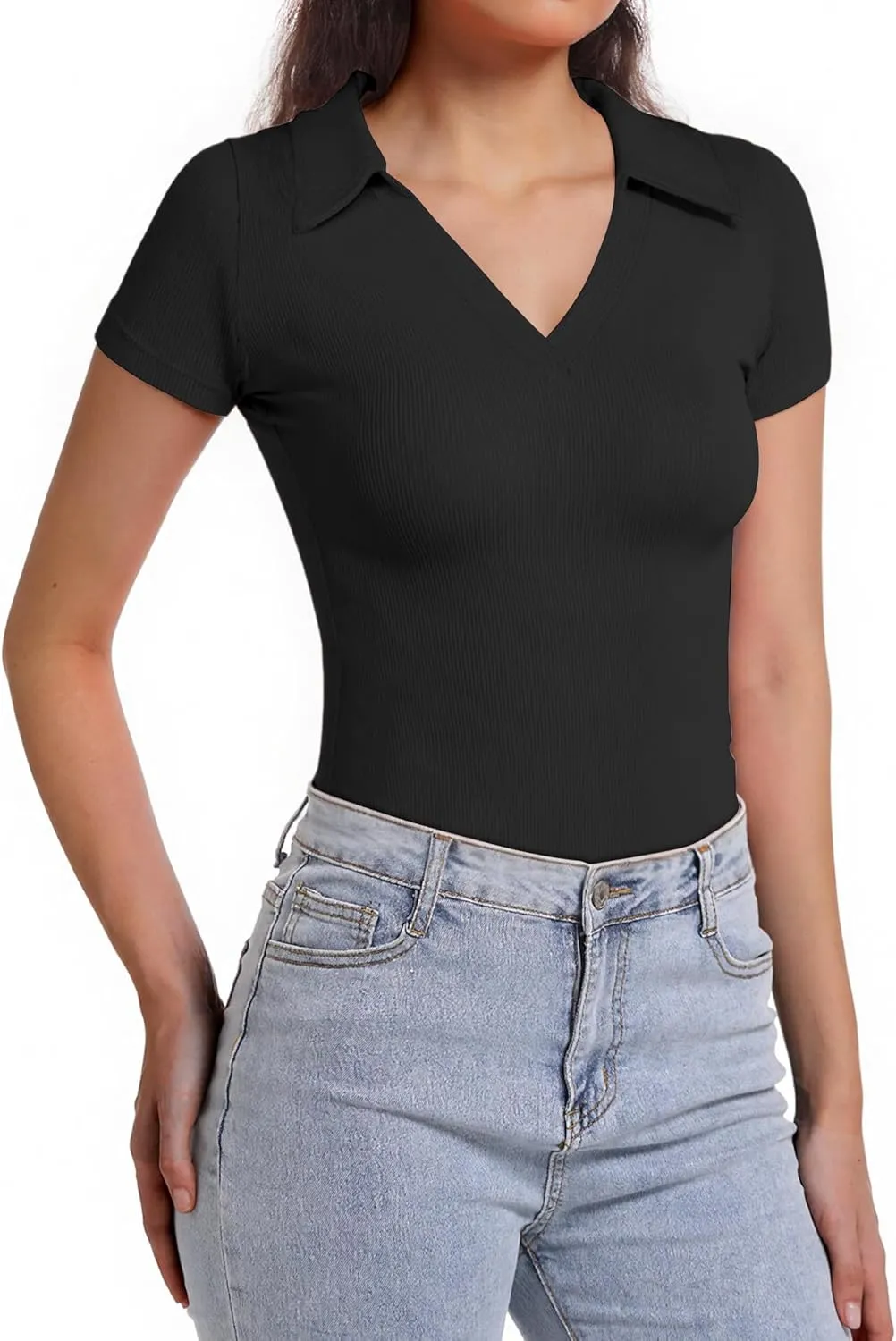 Polo Shirts for Women, Short Sleeve Business Casual Tops, V Neck Polo Collared Work Shirts, Ribbed Fitted Shirts