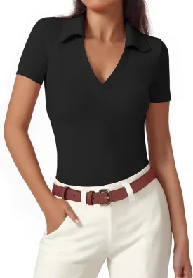 Polo Shirts for Women, Short Sleeve Business Casual Tops, V Neck Polo Collared Work Shirts, Ribbed Fitted Shirts