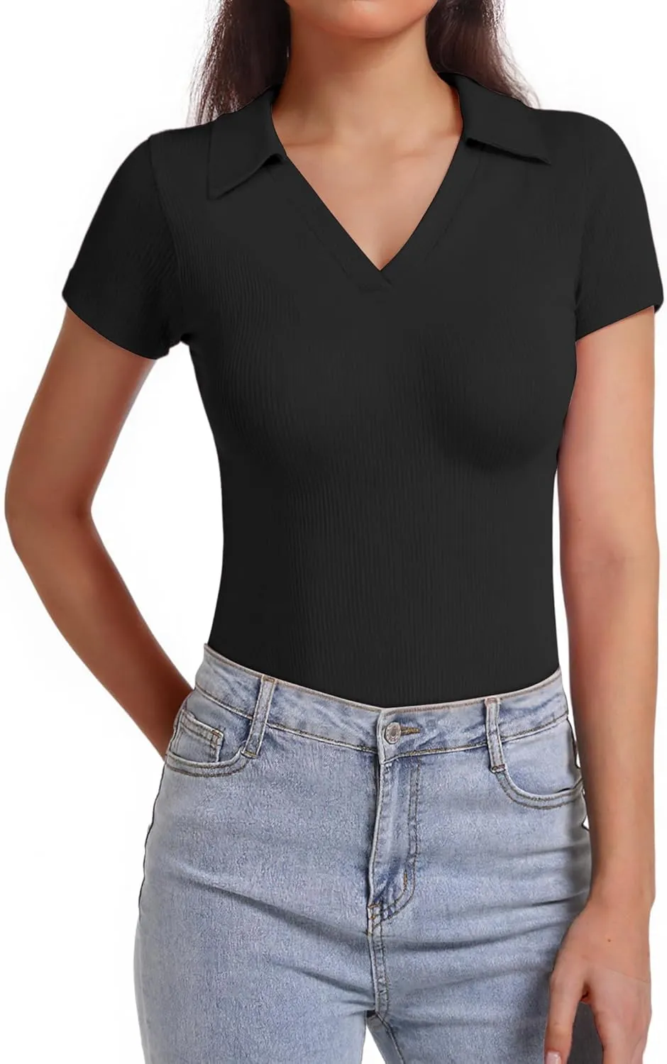 Polo Shirts for Women, Short Sleeve Business Casual Tops, V Neck Polo Collared Work Shirts, Ribbed Fitted Shirts