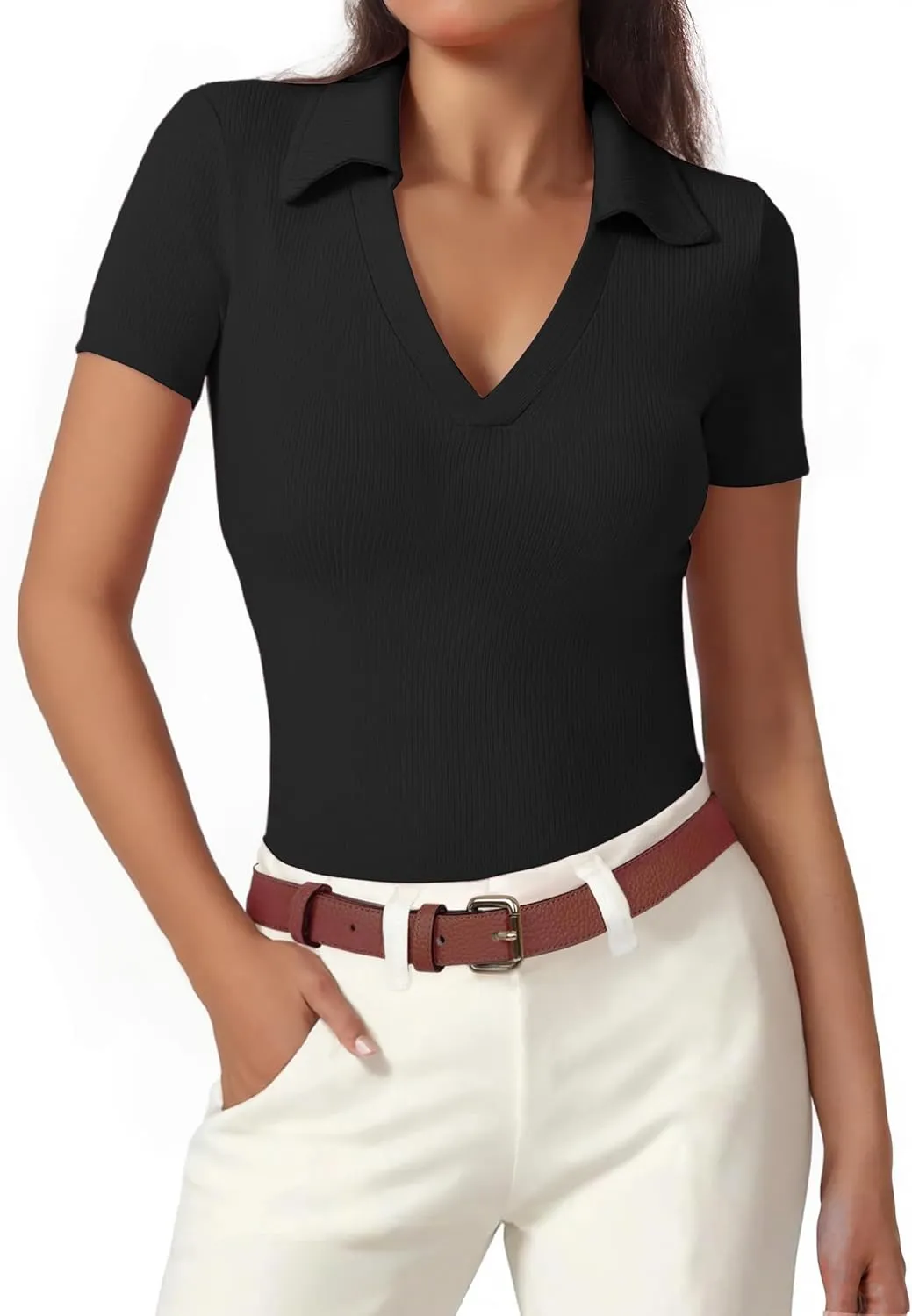 Polo Shirts for Women, Short Sleeve Business Casual Tops, V Neck Polo Collared Work Shirts, Ribbed Fitted Shirts
