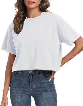PRIMODA Women's Oversized Workout Cropped T Shirts Crew Neck Short Sleeve Casual Loose Summer Crop Tee Tops Cotton