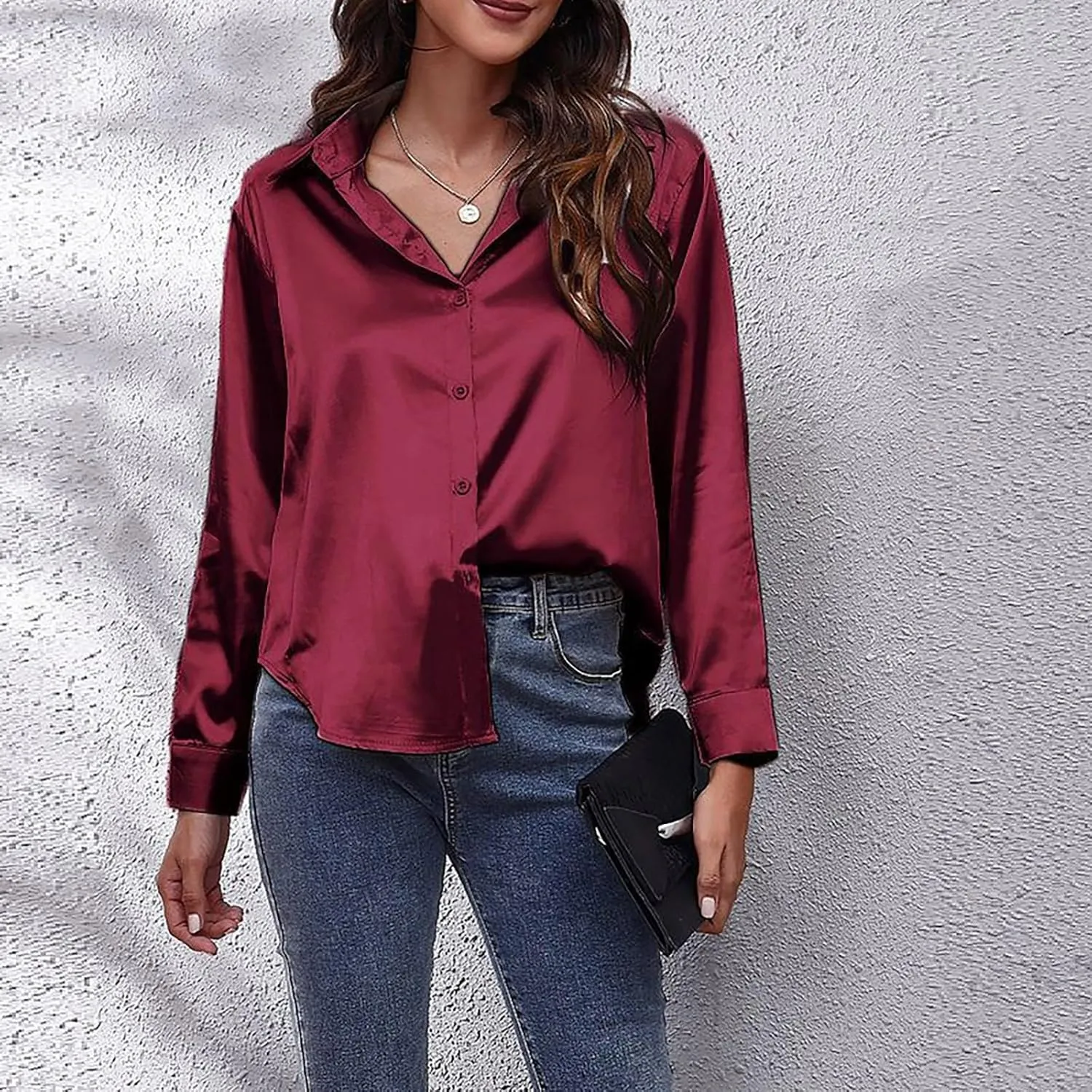 Satin Button Down Shirts for Women,Women's Silk Blouse Long Sleeve Lady Dressy Shirt Casual Office Work Blouses Tops