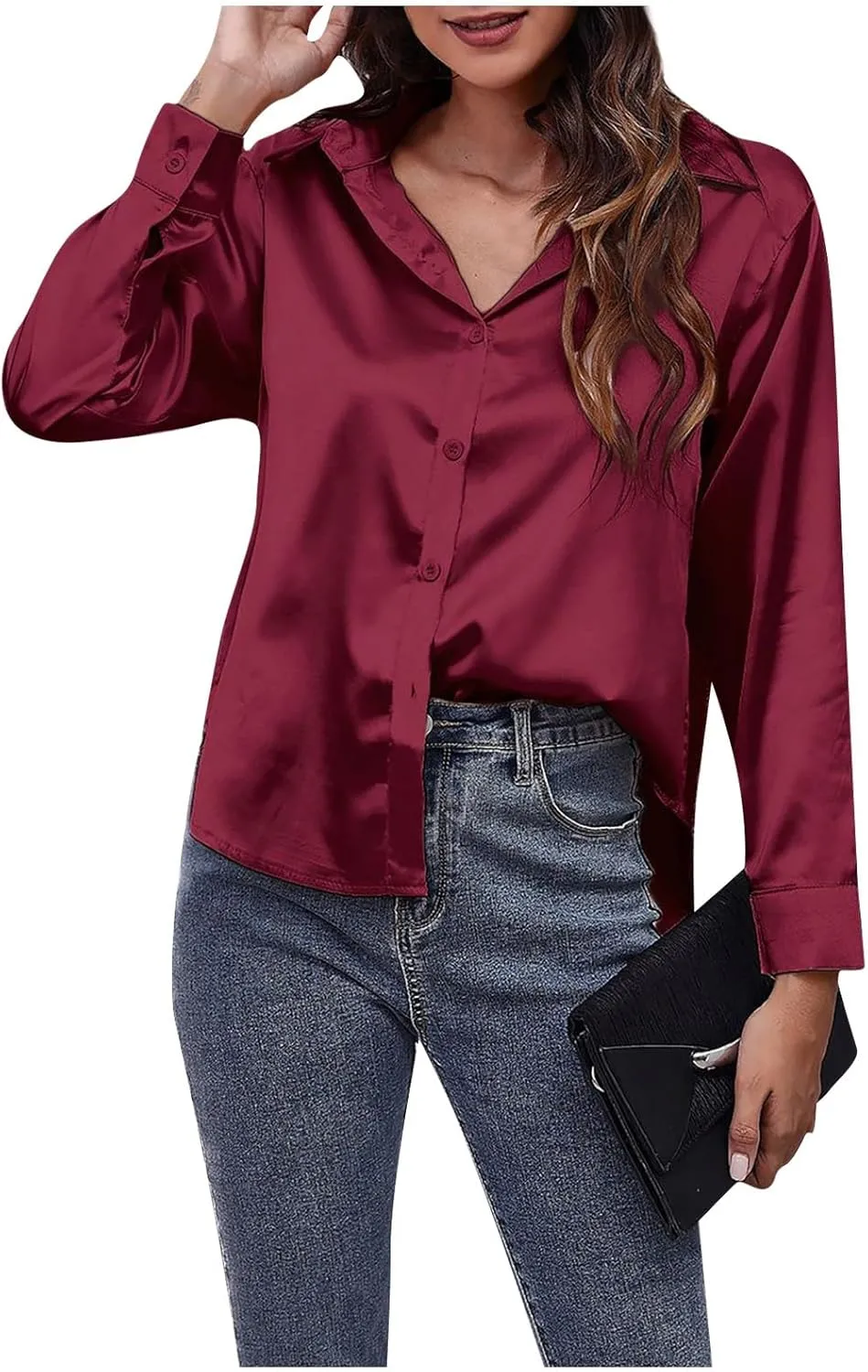 Satin Button Down Shirts for Women,Women's Silk Blouse Long Sleeve Lady Dressy Shirt Casual Office Work Blouses Tops