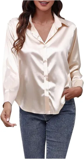 Satin Button Down Shirts for Women,Women's Silk Blouse Long Sleeve Lady Dressy Shirt Casual Office Work Blouses Tops