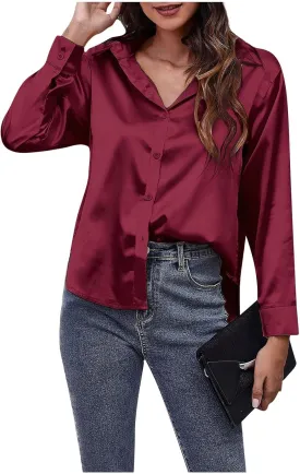Satin Button Down Shirts for Women,Women's Silk Blouse Long Sleeve Lady Dressy Shirt Casual Office Work Blouses Tops