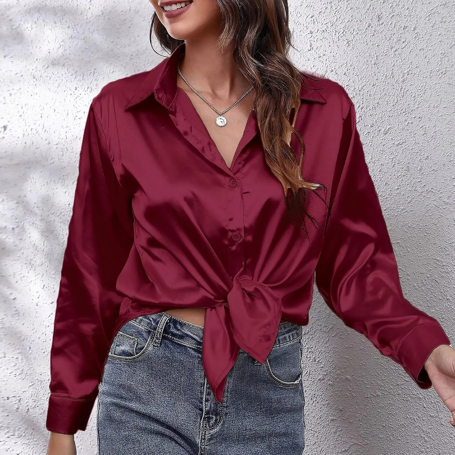 Satin Button Down Shirts for Women,Women's Silk Blouse Long Sleeve Lady Dressy Shirt Casual Office Work Blouses Tops