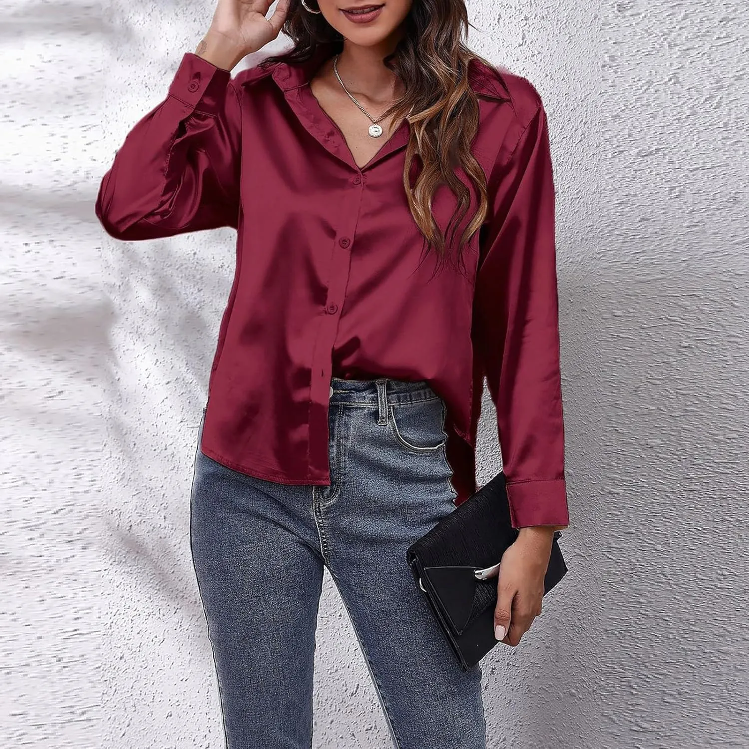 Satin Button Down Shirts for Women,Women's Silk Blouse Long Sleeve Lady Dressy Shirt Casual Office Work Blouses Tops