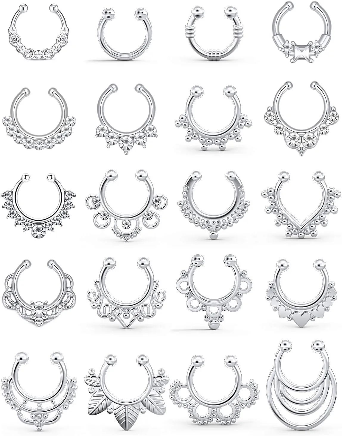 SCERRING Fake Septum Nose Hoop Rings Clear CZ Faux Non Pierced Clicker Hanger Nose Septum Ring Clip On Body Piercing Jewelry 20PCS