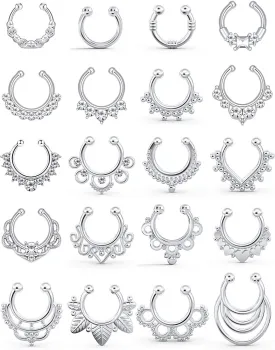 SCERRING Fake Septum Nose Hoop Rings Clear CZ Faux Non Pierced Clicker Hanger Nose Septum Ring Clip On Body Piercing Jewelry 20PCS
