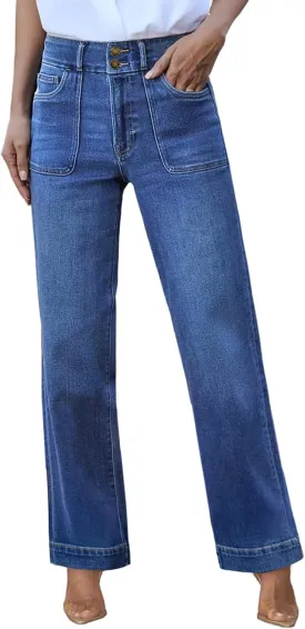 Sidefeel Women's High Waisted Straight Leg Jeans Stretchy Tummy Control Wide Leg Denim Pants with Pockets