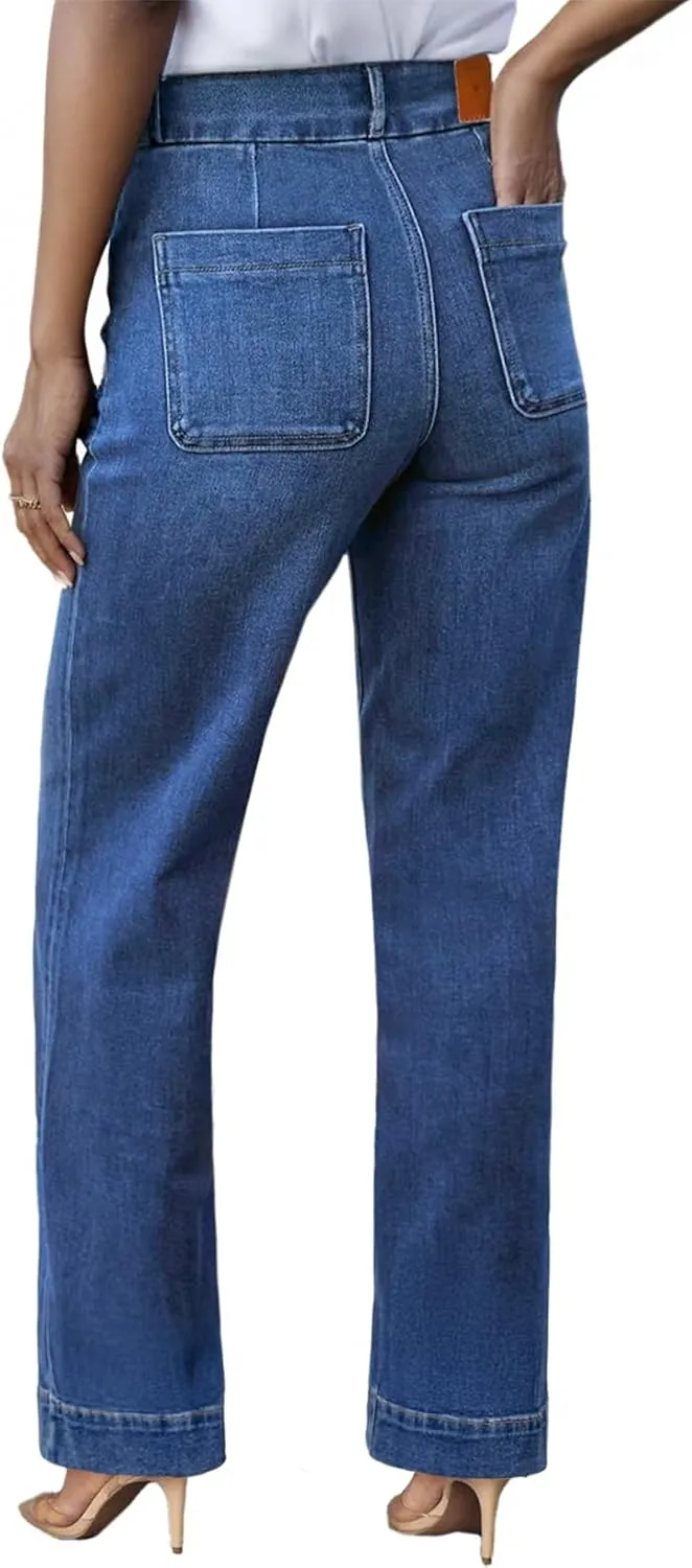 Sidefeel Women's High Waisted Straight Leg Jeans Stretchy Tummy Control Wide Leg Denim Pants with Pockets