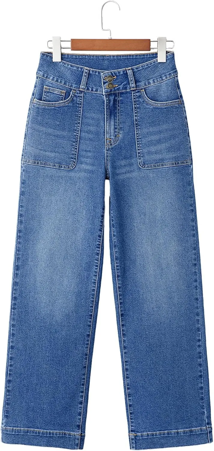 Sidefeel Women's High Waisted Straight Leg Jeans Stretchy Tummy Control Wide Leg Denim Pants with Pockets