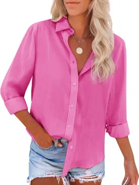 siliteelon Button Down Shirts for Women Dress Shirts Long Sleeve Wrinkle-Free Blouse Casual Solid Office Work Tunic Top - All Hot Pink 2XL