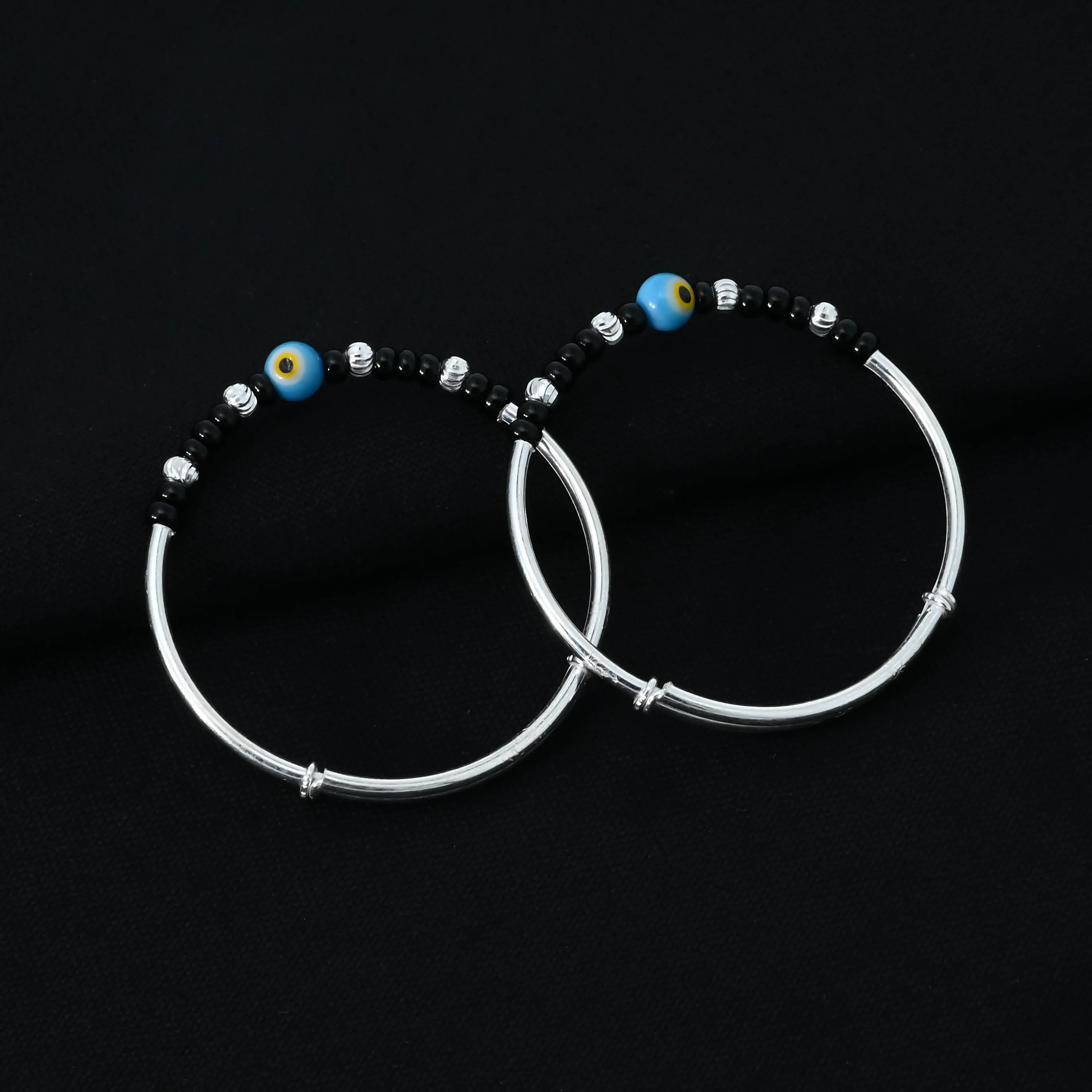 Silver Center Blue and Yellow Evil Eye with Black and Silver Beads Kada Payal for Baby