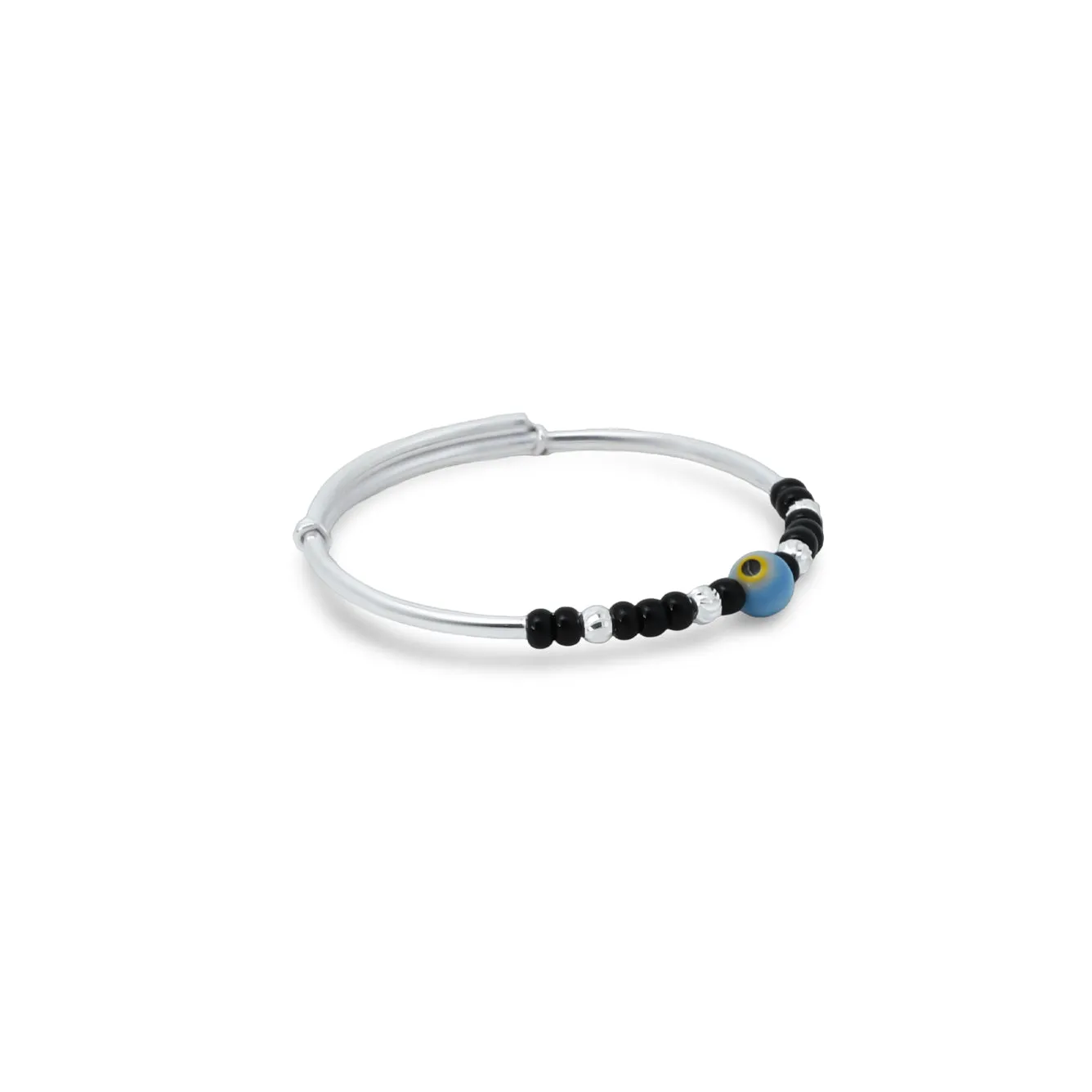 Silver Center Blue and Yellow Evil Eye with Black and Silver Beads Kada Payal for Baby