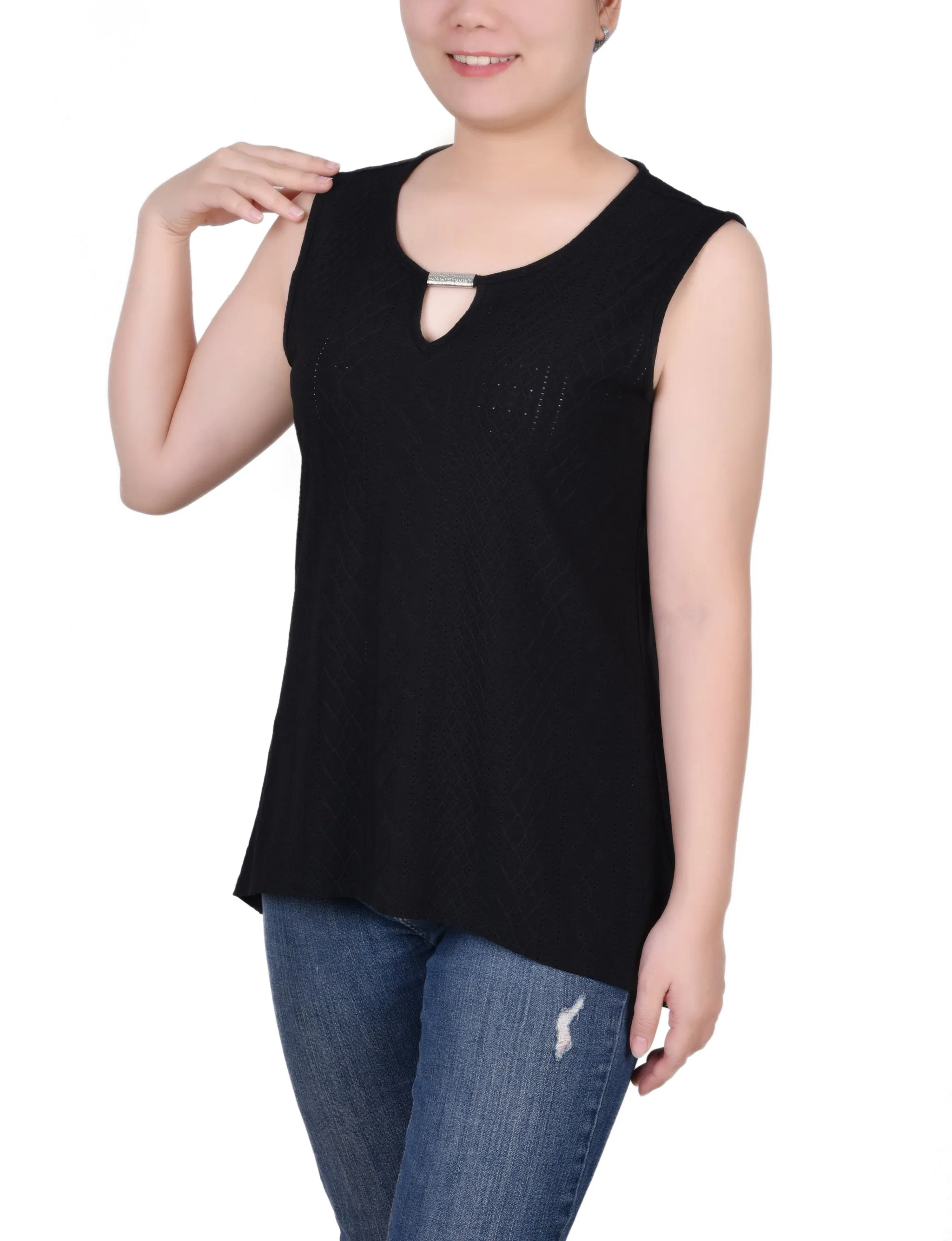 Sleeveless Knit Eyelet Top With Hardware