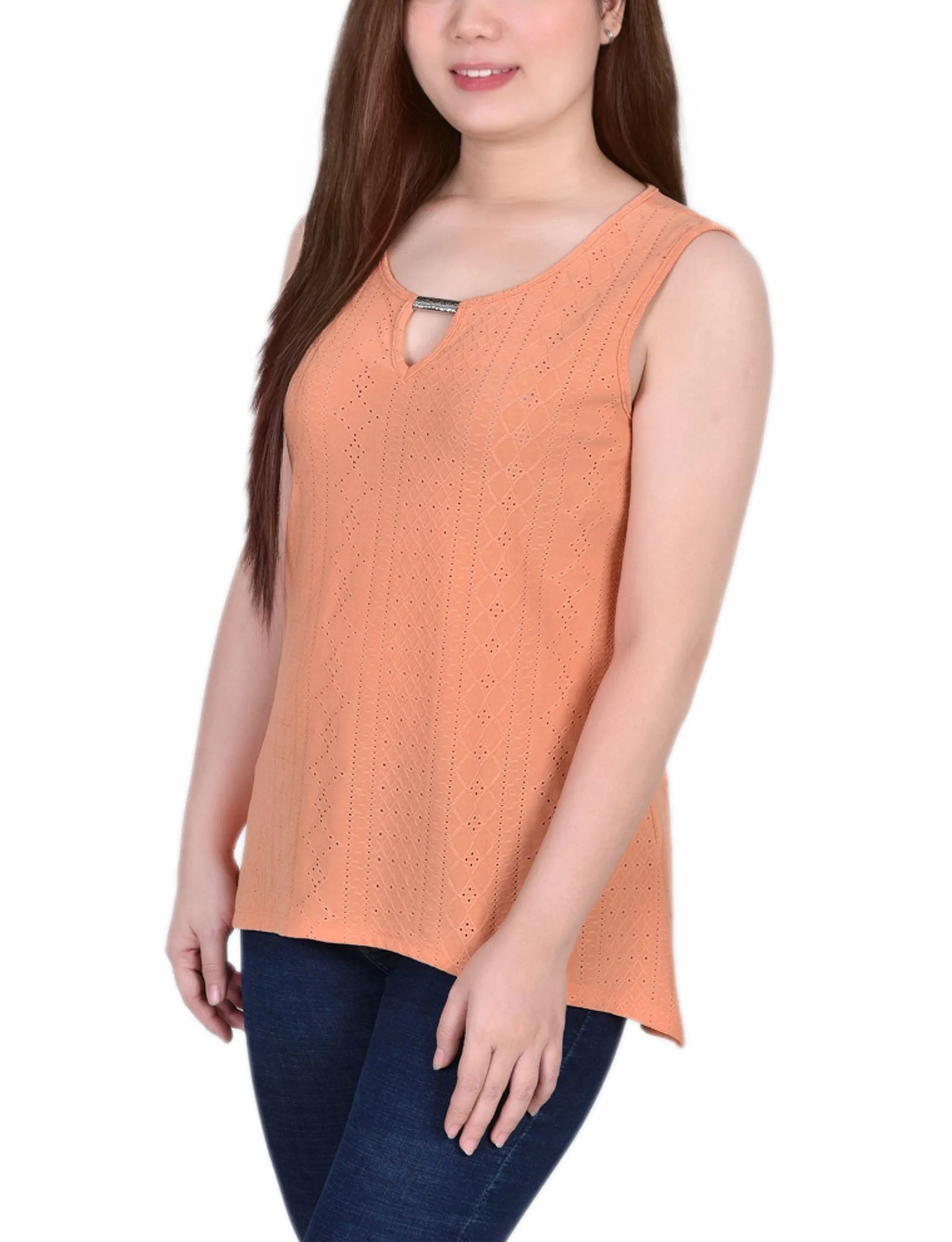 Sleeveless Knit Eyelet Top With Hardware
