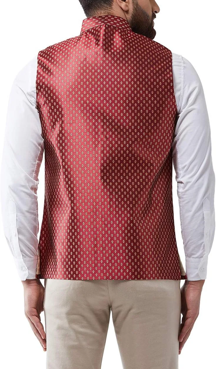 Sojanya (Since 1958, Men's Silk Blend Magenta & Gold Self Design Nehru Jacket