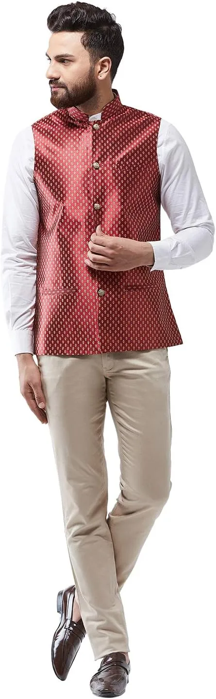 Sojanya (Since 1958, Men's Silk Blend Magenta & Gold Self Design Nehru Jacket