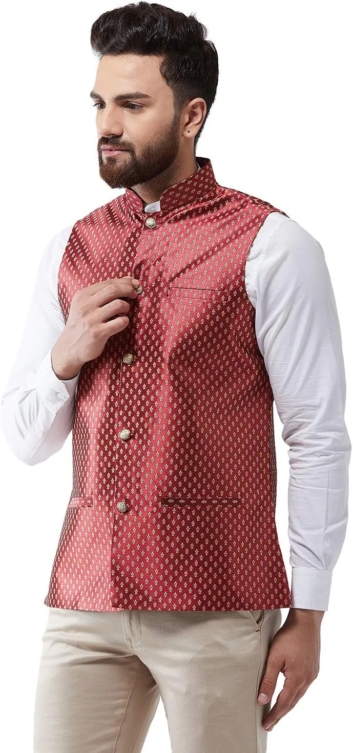 Sojanya (Since 1958, Men's Silk Blend Magenta & Gold Self Design Nehru Jacket