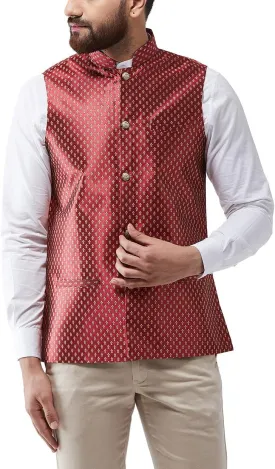 Sojanya (Since 1958, Men's Silk Blend Magenta & Gold Self Design Nehru Jacket
