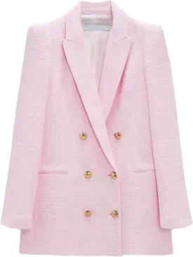 Spring Autumn Women White Pink Tweed Blazers and Jackets Chic Button Office Suit Coat Elegant Outwear