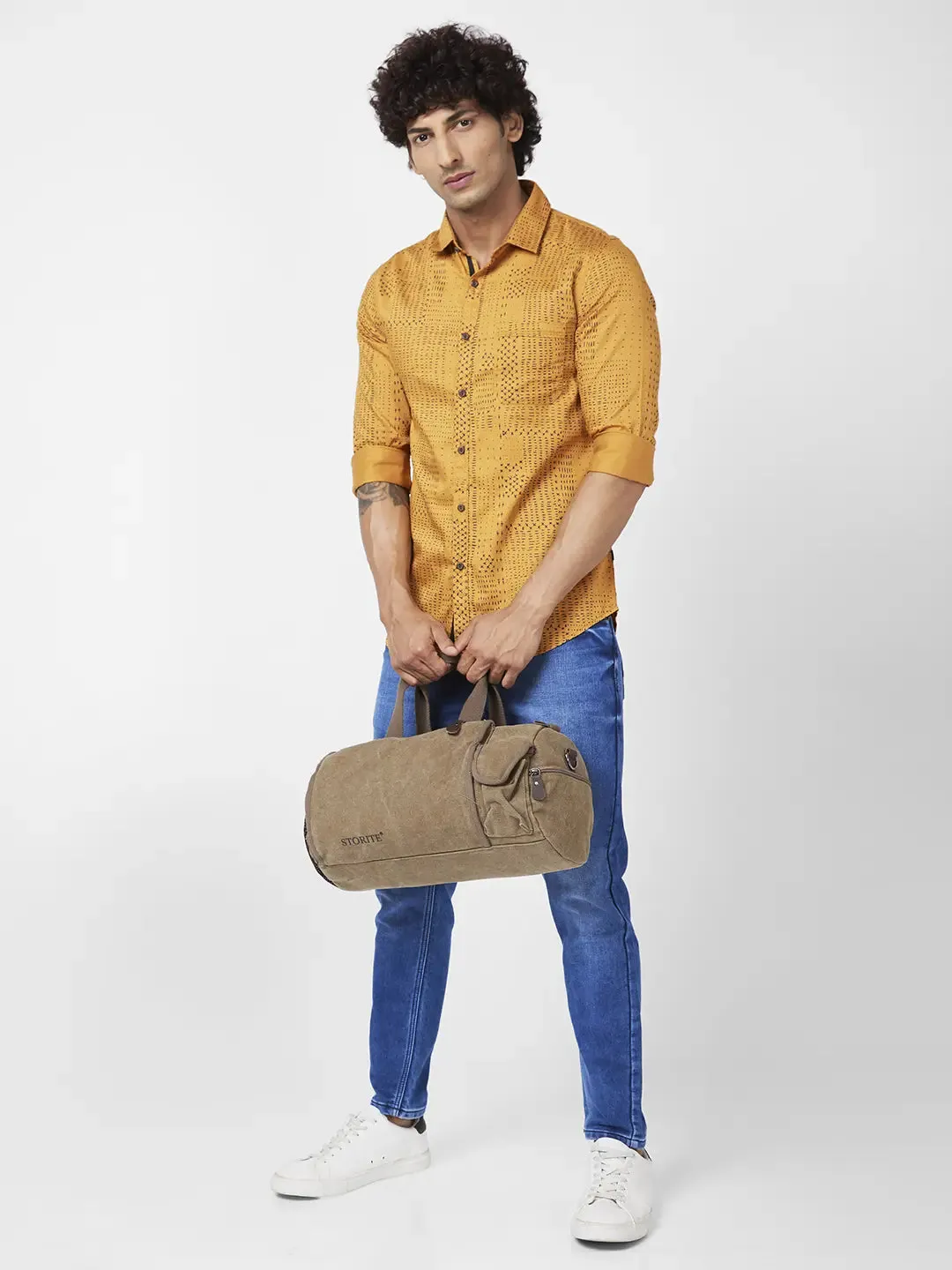 Spykar Men Dark Mustard Yellow Cotton Regular Slim Fit Full Sleeve Causal Printed Shirt
