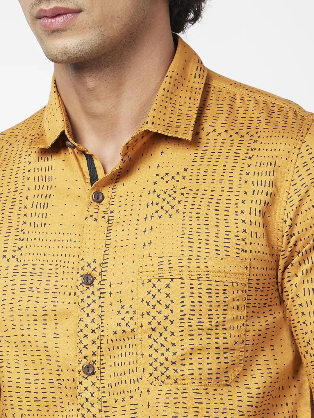 Spykar Men Dark Mustard Yellow Cotton Regular Slim Fit Full Sleeve Causal Printed Shirt