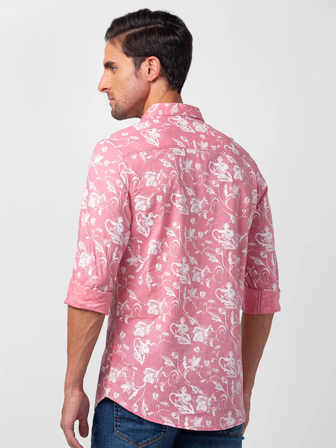 Spykar Men Dusty Pink Cotton Slim Fit Floral Shirt