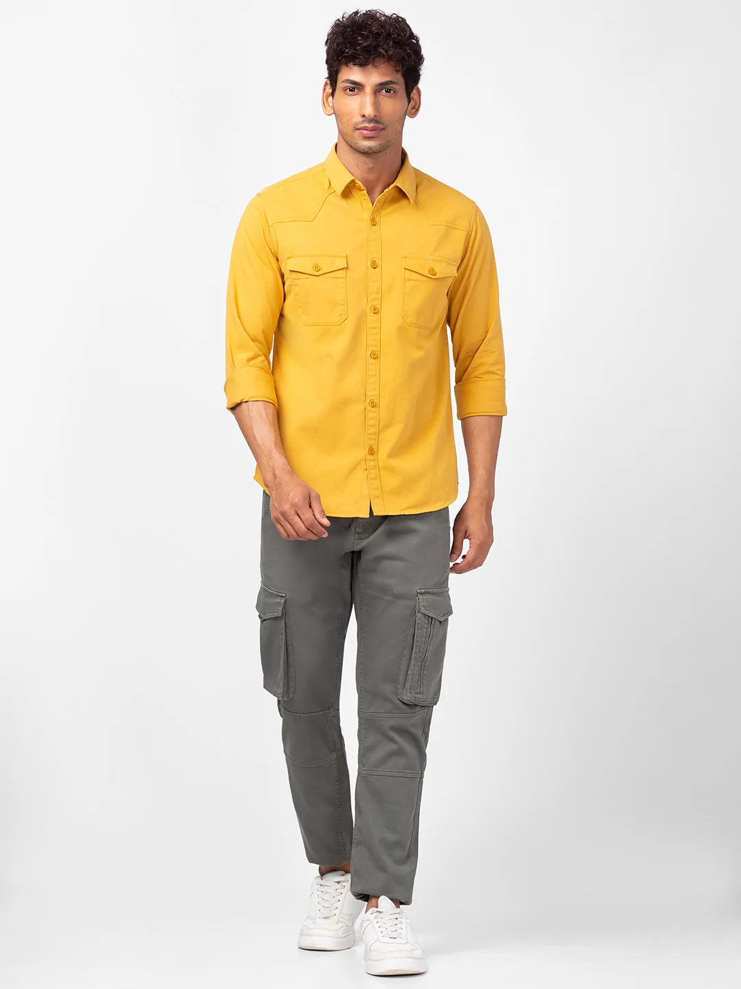 Spykar Men Mustard Yellow Cotton Slim Fit Plain Shirts