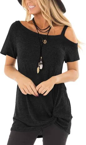 TEMOFON Women Cold Shoulder Tops: Summer Short Sleeve Shirts Casual Twist Knot Blouse T-Shirt S-2XL