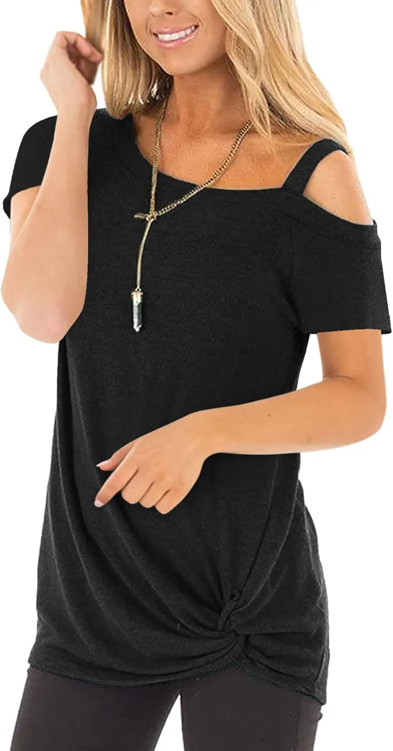 TEMOFON Women Cold Shoulder Tops: Summer Short Sleeve Shirts Casual Twist Knot Blouse T-Shirt S-2XL