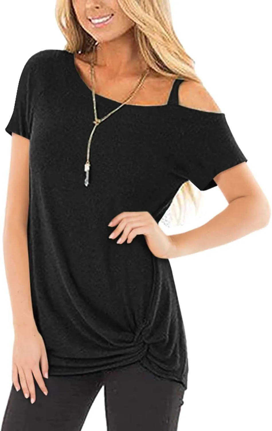 TEMOFON Women Cold Shoulder Tops: Summer Short Sleeve Shirts Casual Twist Knot Blouse T-Shirt S-2XL