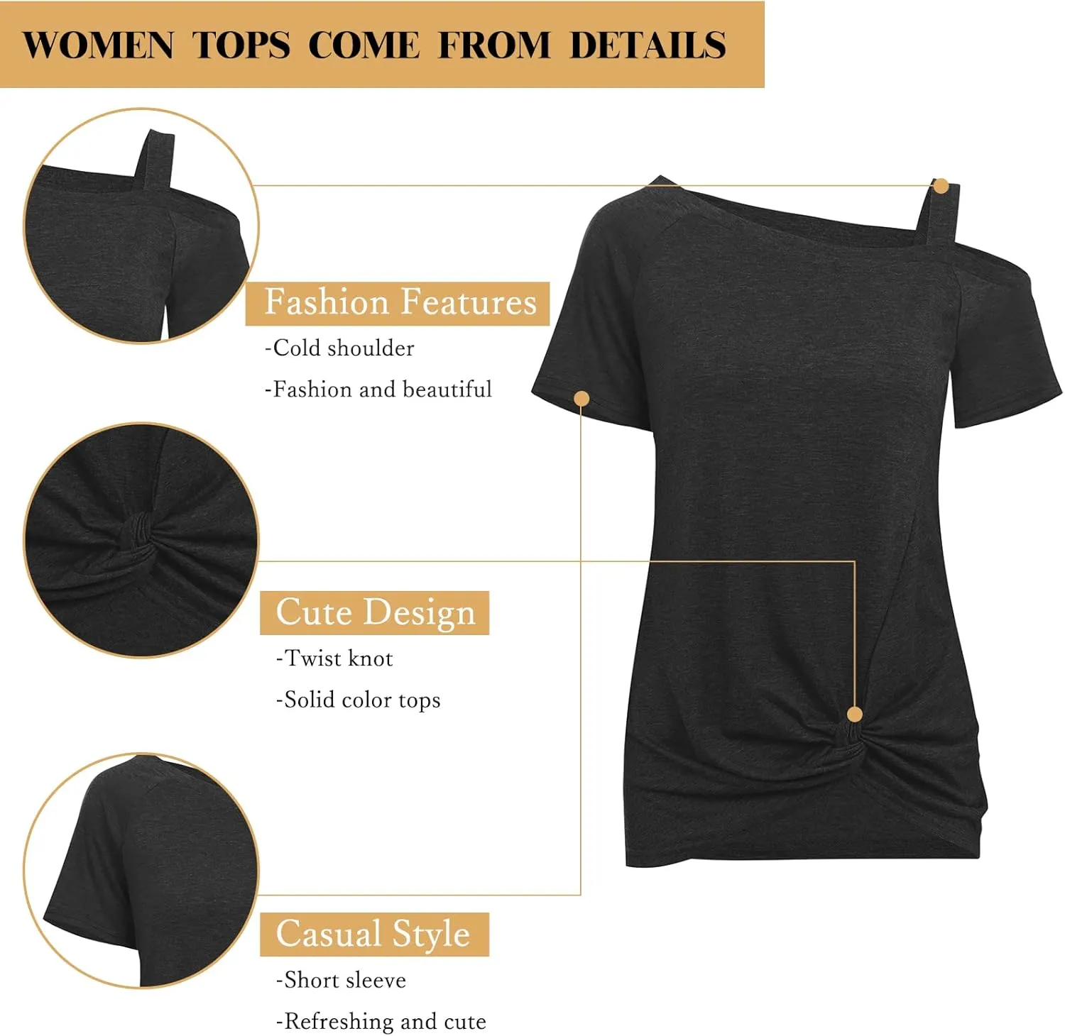 TEMOFON Women Cold Shoulder Tops: Summer Short Sleeve Shirts Casual Twist Knot Blouse T-Shirt S-2XL